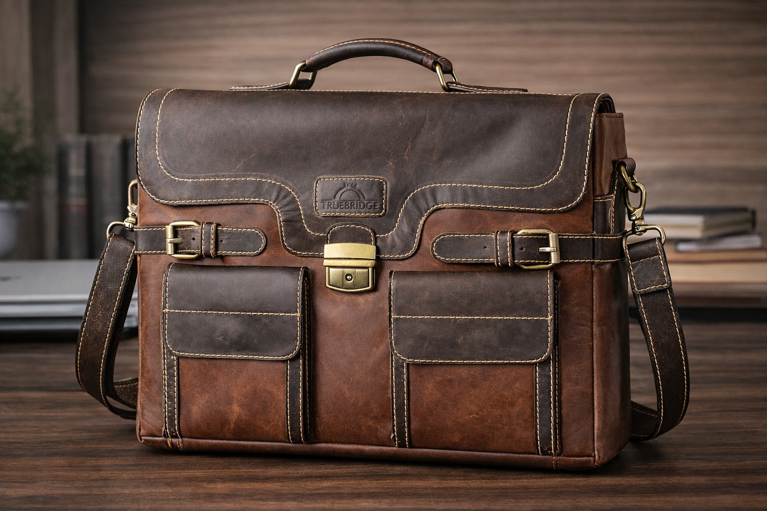 TrueBridge Contractor Office Brown/Tan Leather Laptop Bag for Professionals