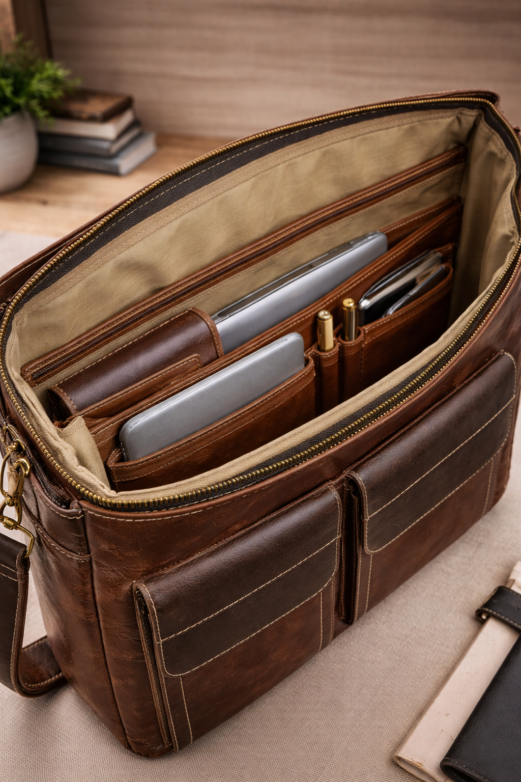 TrueBridge Contractor Office Brown/Tan Leather Laptop Bag for Professionals