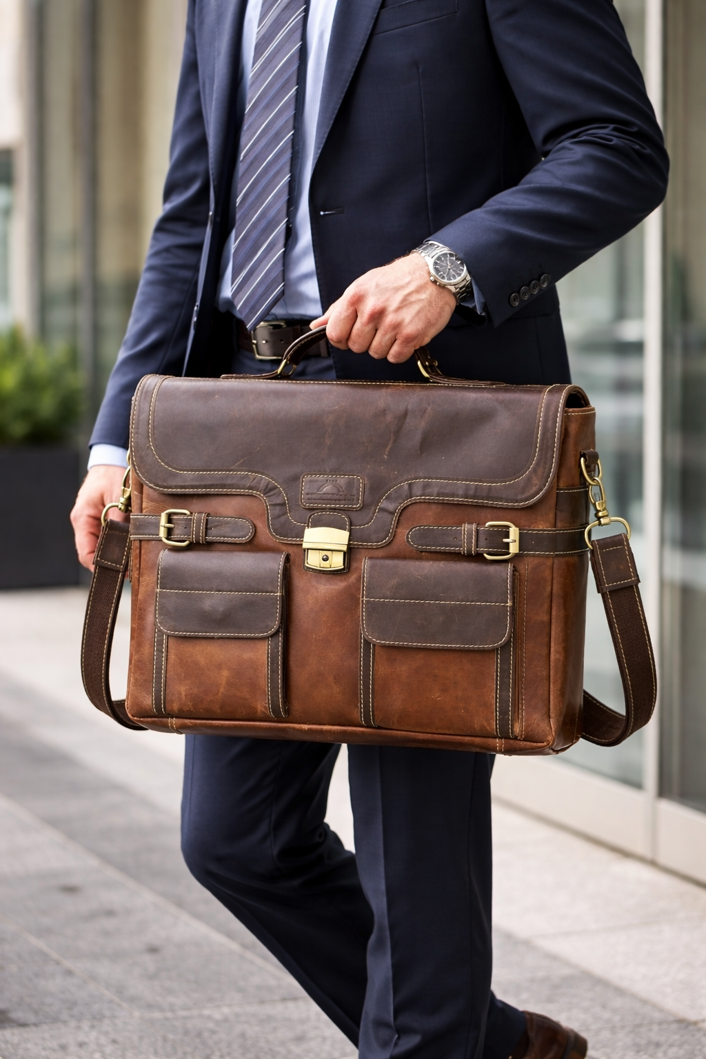 TrueBridge Contractor Office Brown/Tan Leather Laptop Bag for Professionals