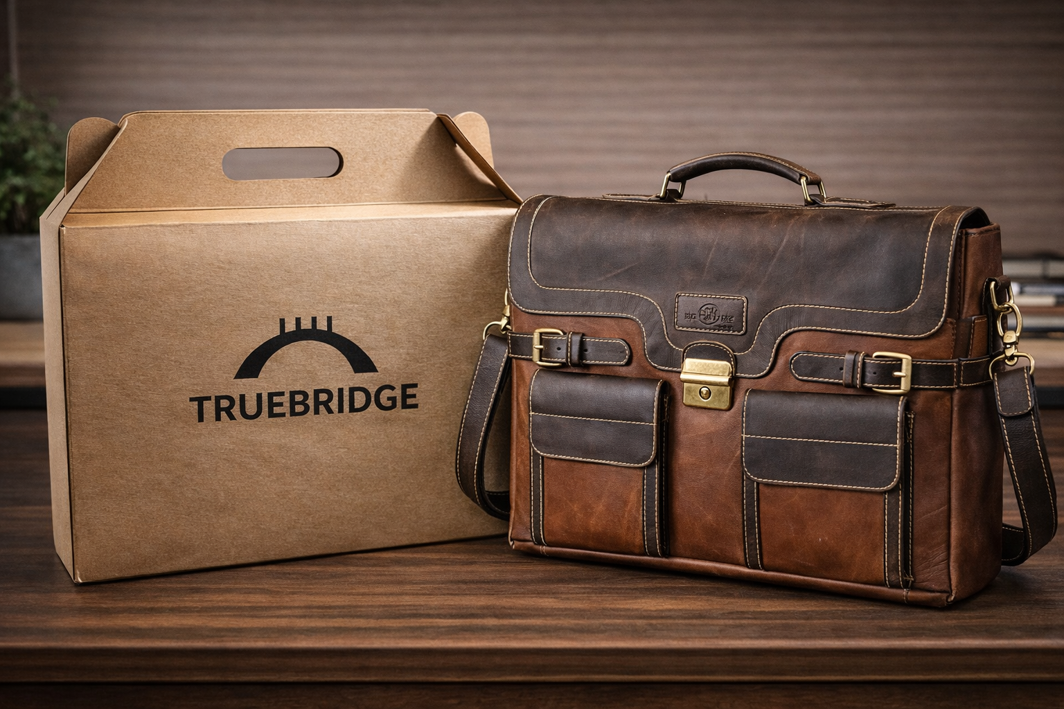 TrueBridge Contractor Office Brown/Tan Leather Laptop Bag for Professionals